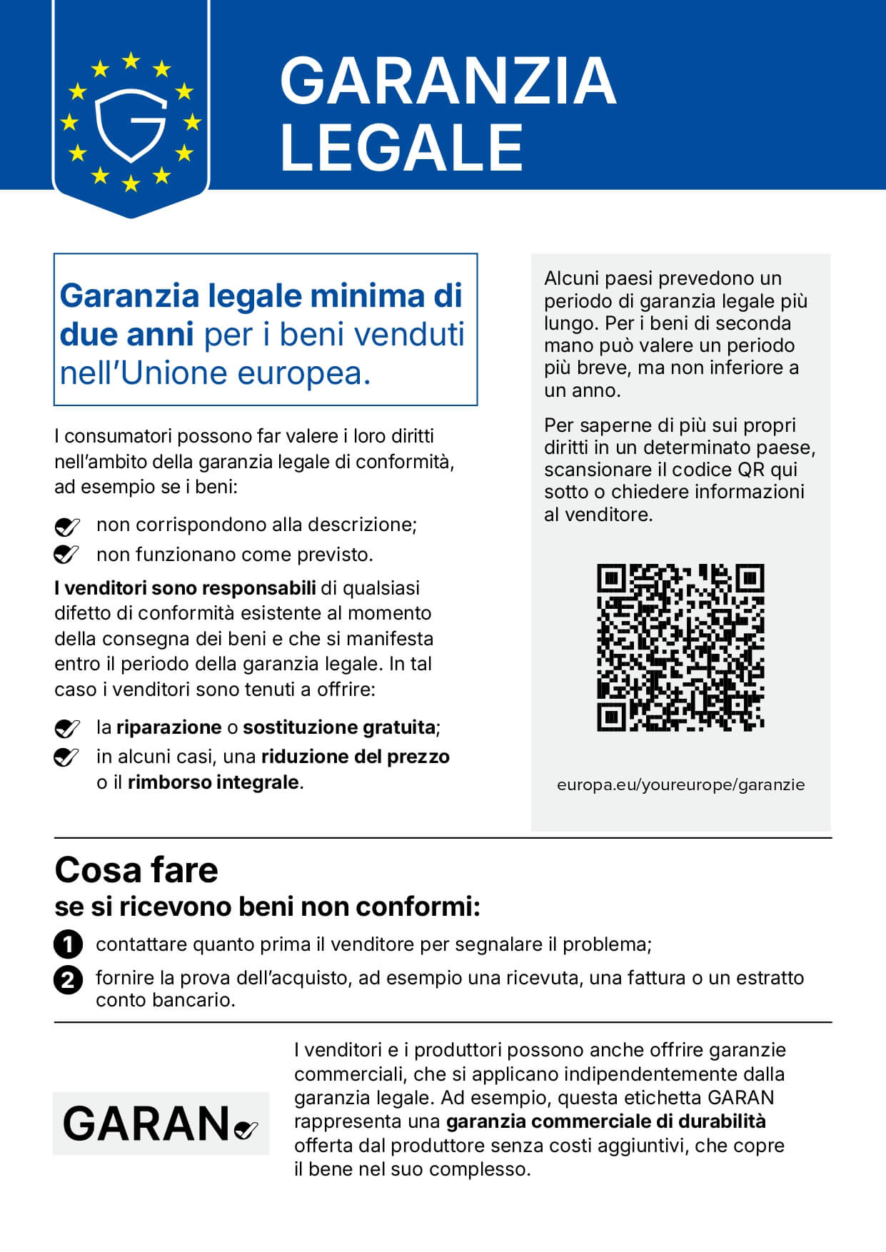 Avviso europeo sulla garanzia legale di conformità: informativa sui 2 anni di garanzia minima di legge e QR code per maggiori dettagli sui diritti del consumatore